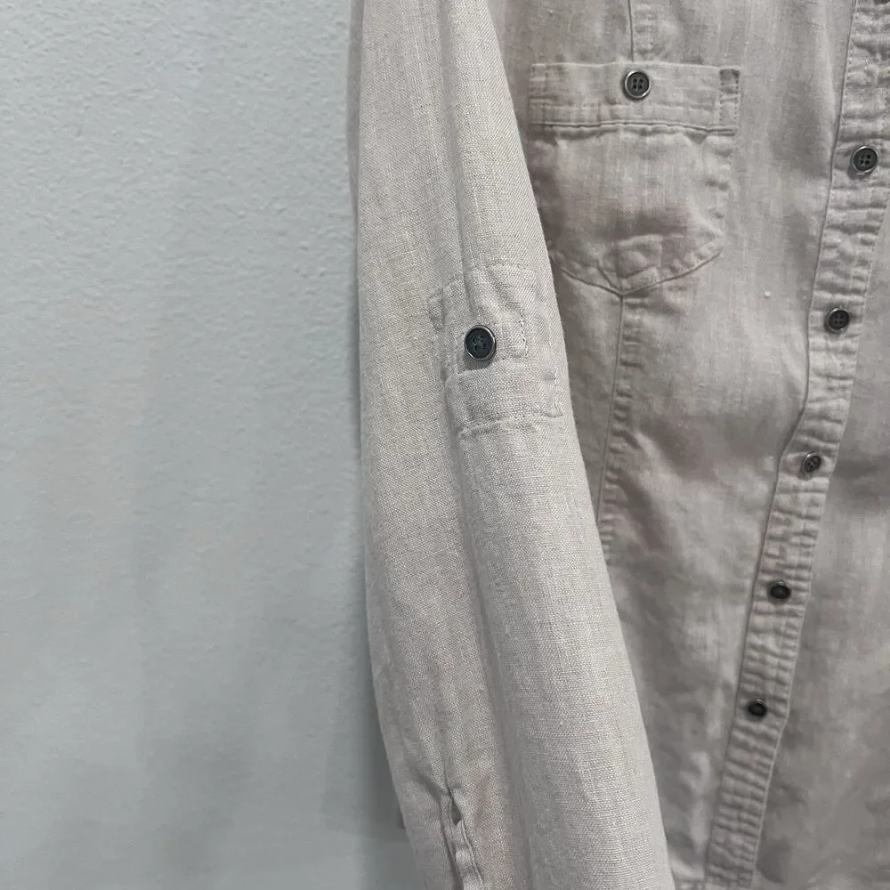 Women’s Linen Tan Button Up Shirt Tab Sleeve Size 12 Resort Vacation Coastal - Picture 4 of 7